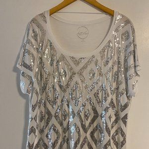 INC White T-shirt with Silver Sequin Pattern